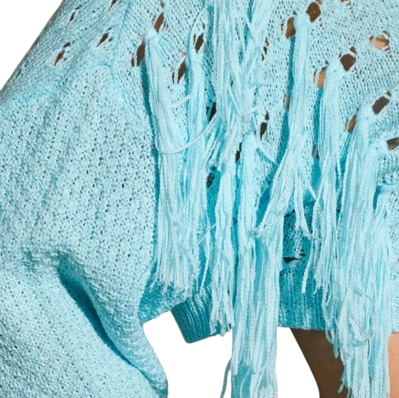 Cropped Sweater Pink Blue Knit Fringe - Picture 10 of 12